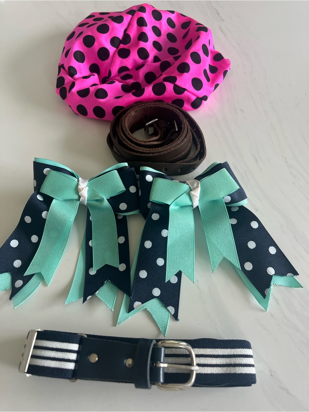 Kids Riding/Equestrian Accessories- Helmet Cover, Bows, Belt, Garter Straps